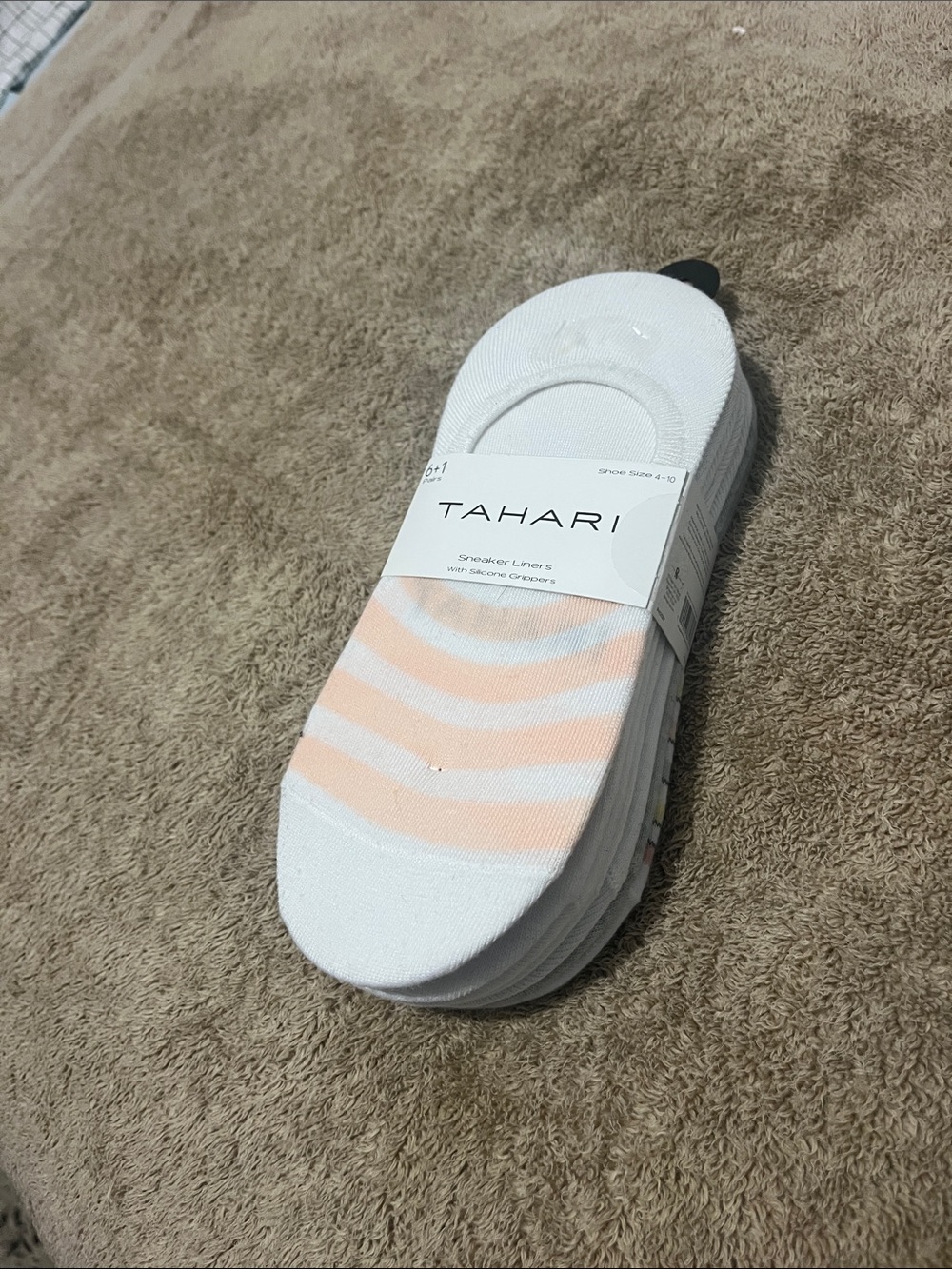 Tahari No-Show Liner Socks in White with Peach Stripes